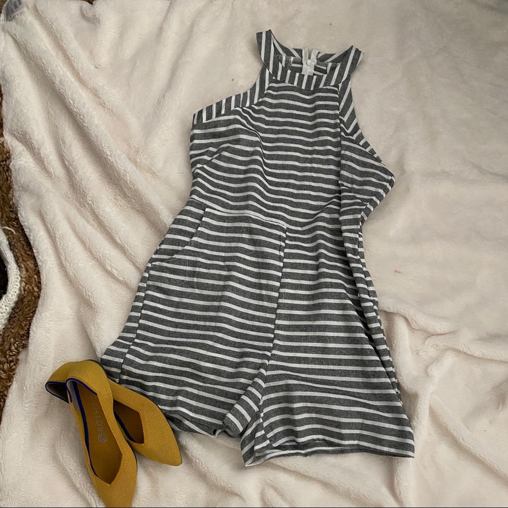 Gray & White Striped Romper